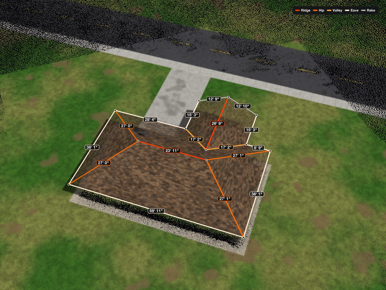 Roof model from a drone capture with every edge dimensioned