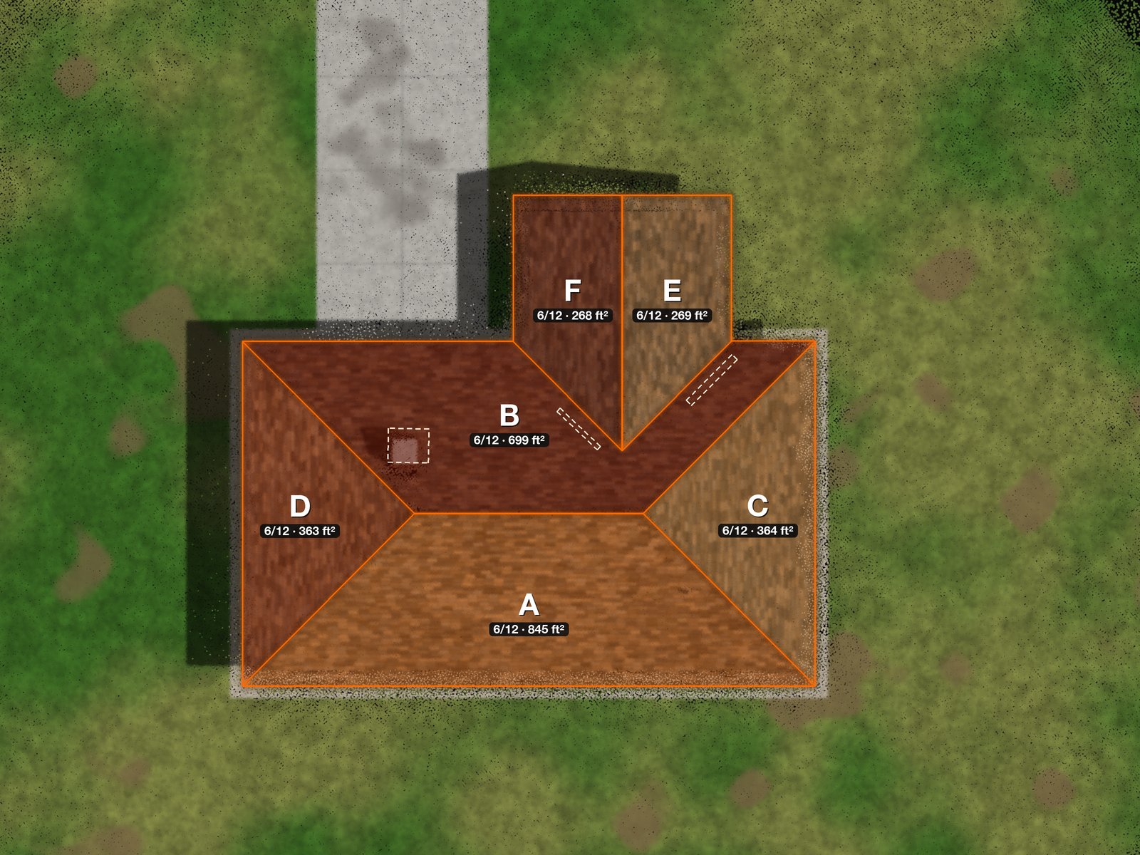 Roof faces outlined and labelled A to F, each with its pitch and area